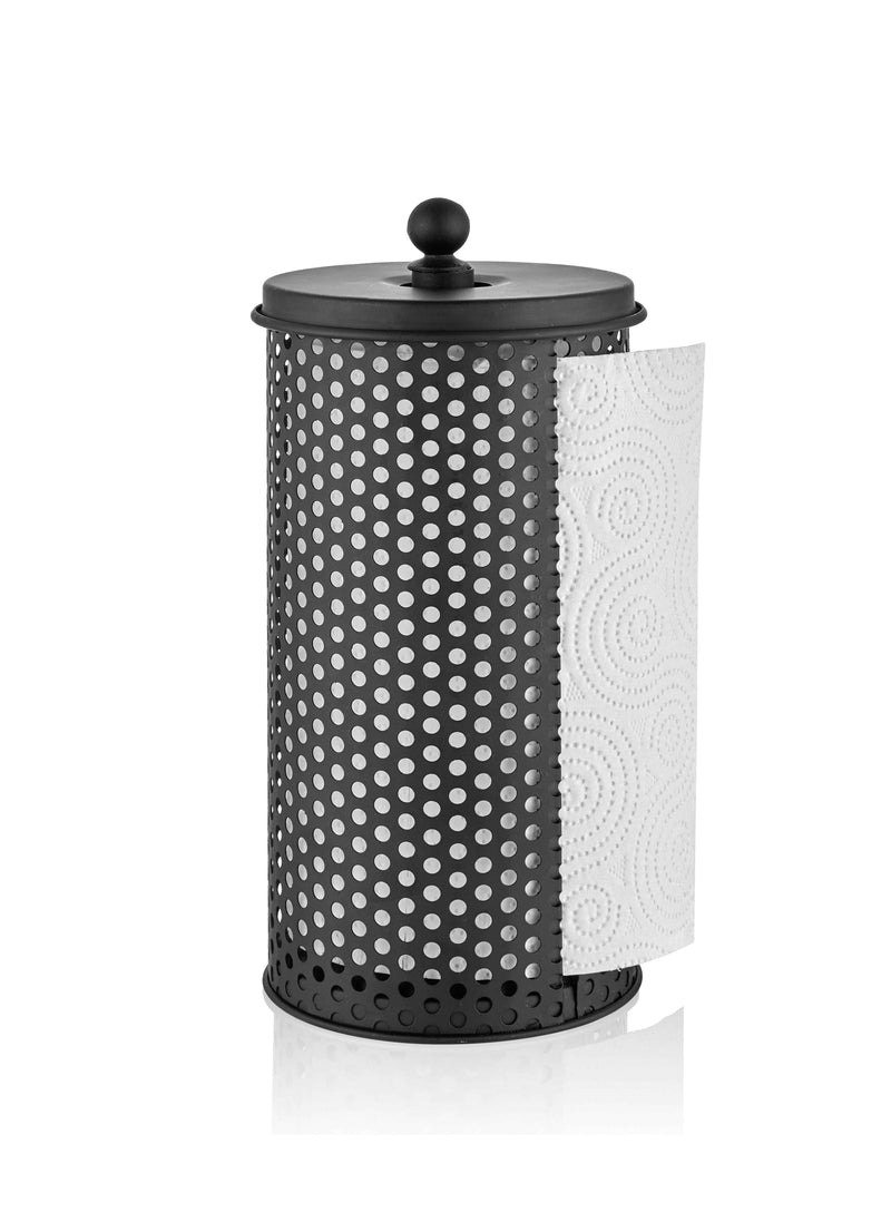 A black galvanised steel paper towel holder with a geometric pattern of holes for the paper towels. It has a rounded top and a cylindrical shape.