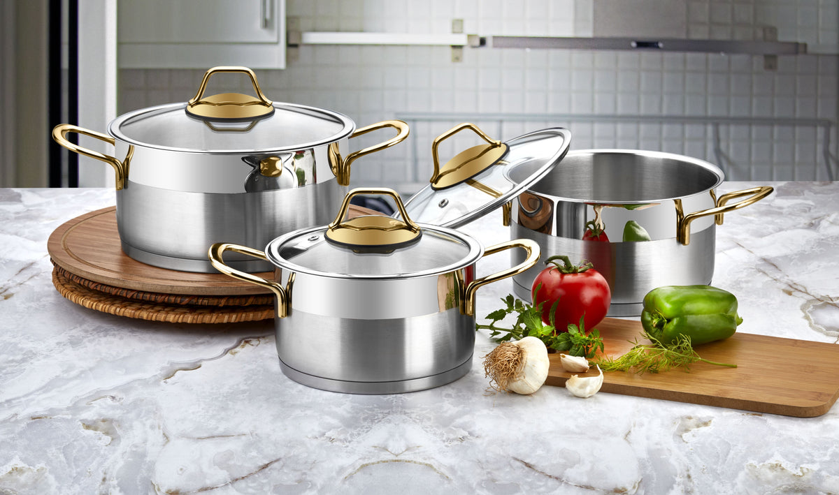 Luna Collection 6-piece Stainless Steel Mini Cookware Set (Gold Handles)