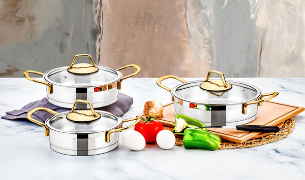 Luna Collection 6-piece Stainless Steel Sauté Pan Set (Gold Handles)