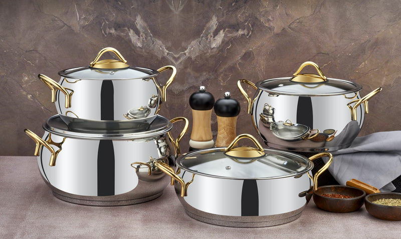 Sevval Collection 8-piece Stainless Steel Cookware Set (Gold Handles)