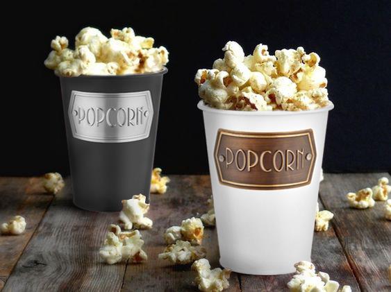 A black galvanised steel popcorn bowl with the word 'POPCORN' printed on the side.